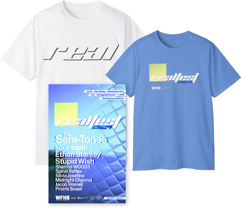 RealFest Merch - Blue T-Shirt, White Oversized T-Shirt, and Poster